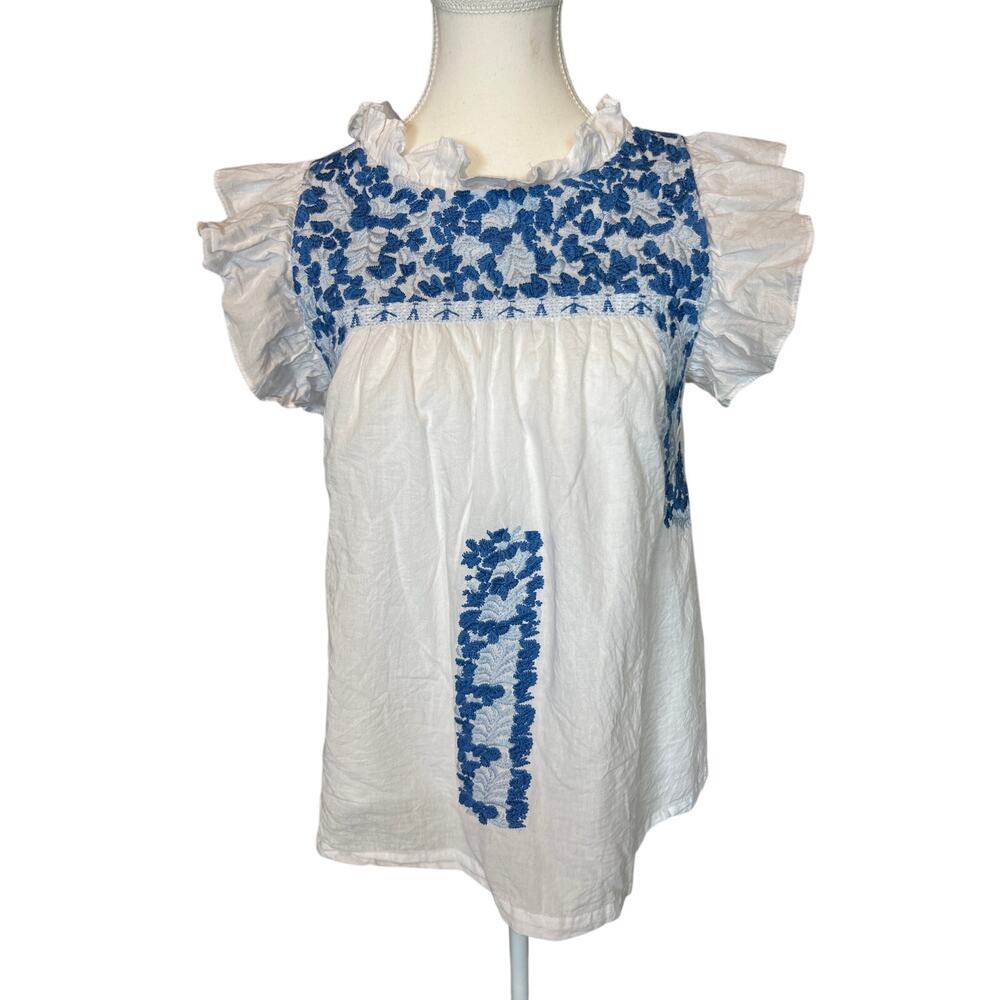 j. marie | White/Blue Embroidered Floral Ruffle Sleeve Peasant Top | SM